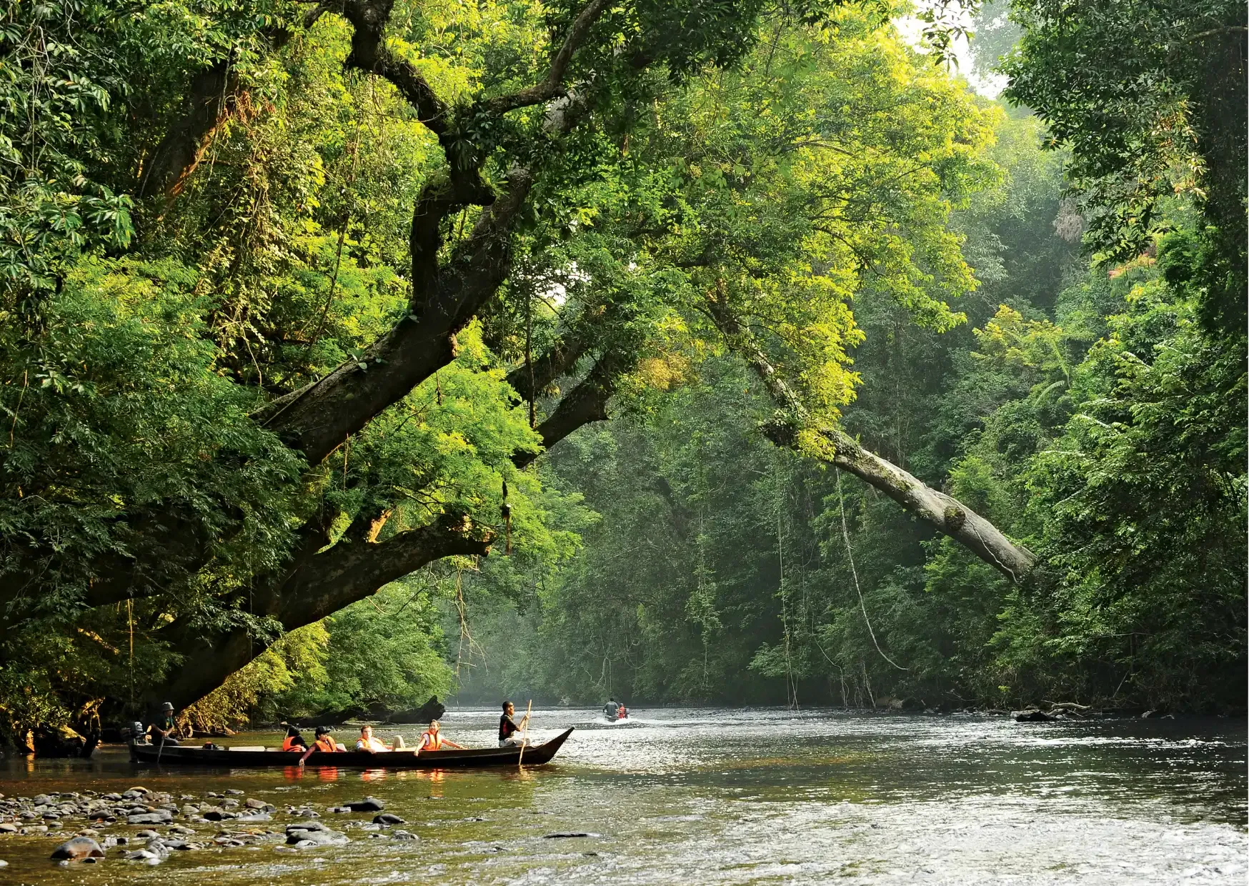 Traditionele boot met reizigers op een rivier door het regenwoud