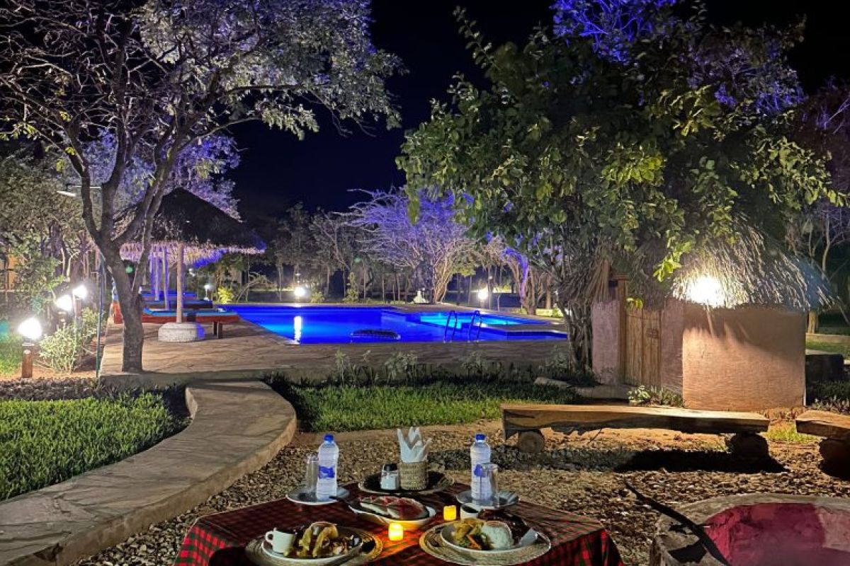Buitendiner bij Selous Safari Lodge met sfeervolle tafelopstelling en het verlichte zwembad op de achtergrond