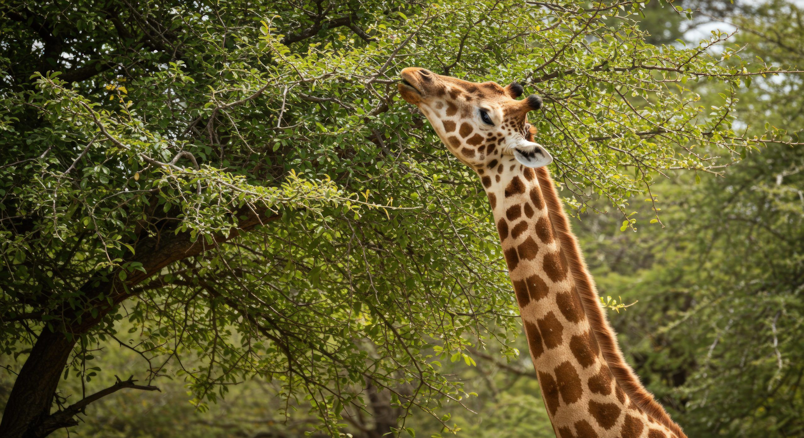 Giraffe eating leaves in natural habitat wildlife scene