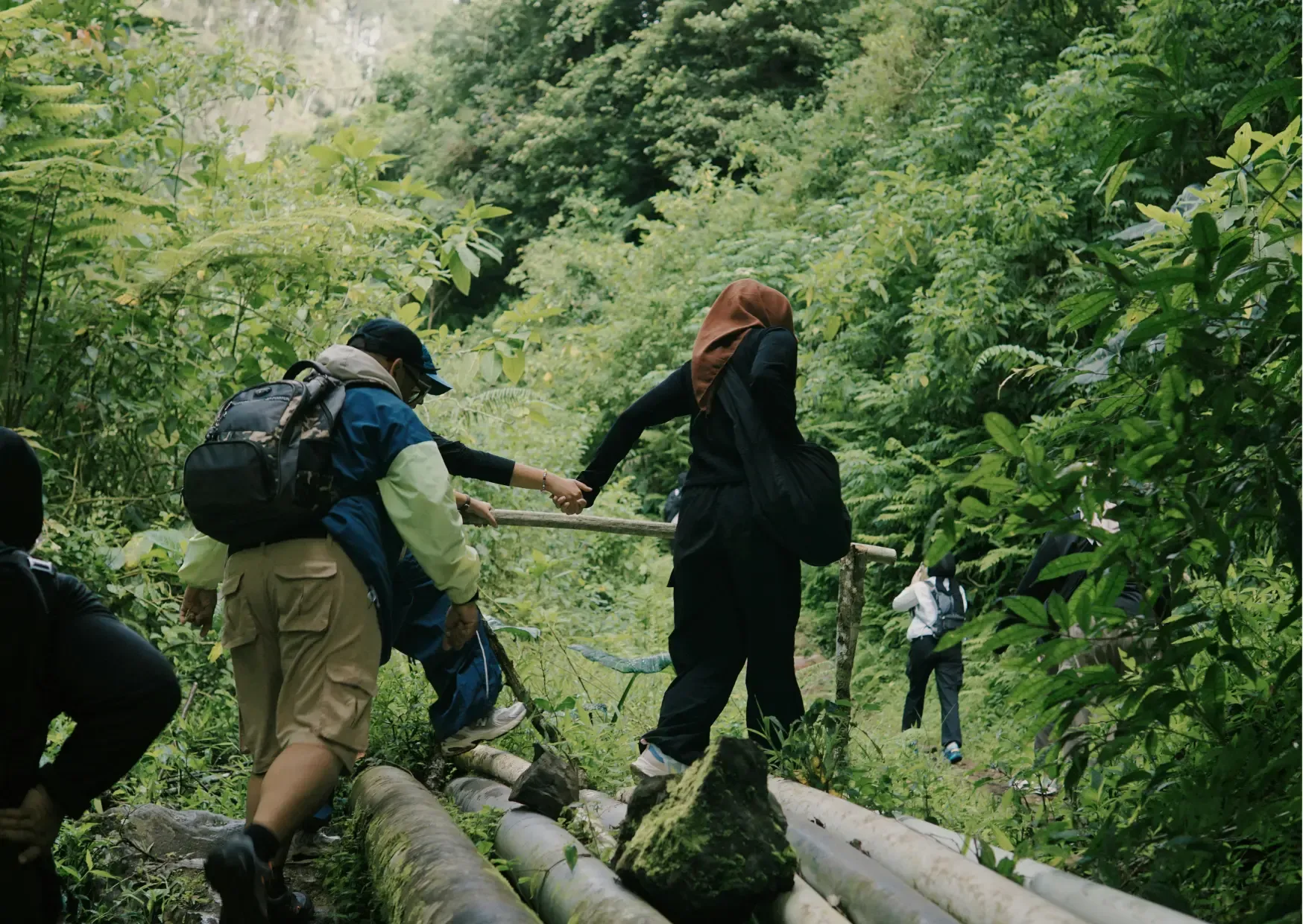 Wandelaars volgen een avontuurlijk pad door het tropische regenwoud van Penang National Park