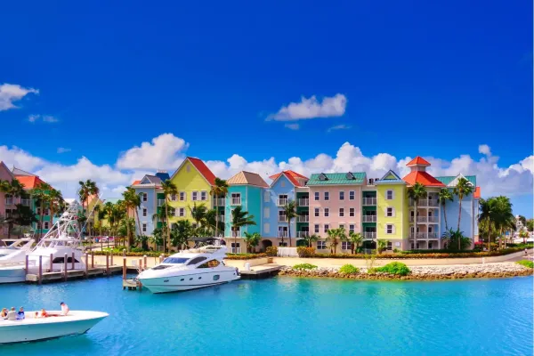 Wit zandstrand met palmbomen en helderblauw water in Nassau op de Bahama's