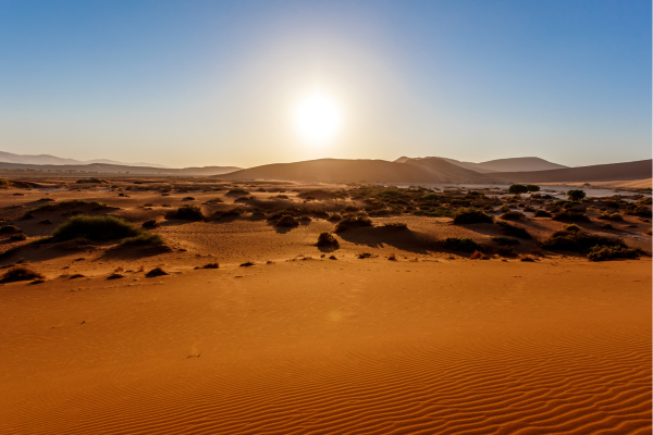 Zonsopkomst bij de rode duinen van Sossusvlei in de Namibwoestijn