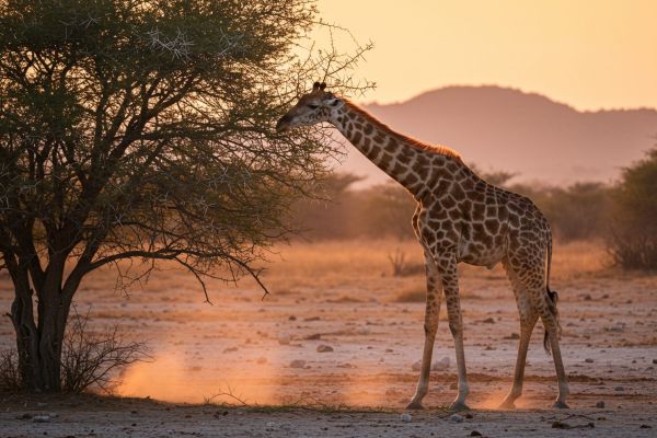 A giraffe is eating from a tree during sunset in the African savannah, creating a tranquil scene perfect for travel and wildlife publications.