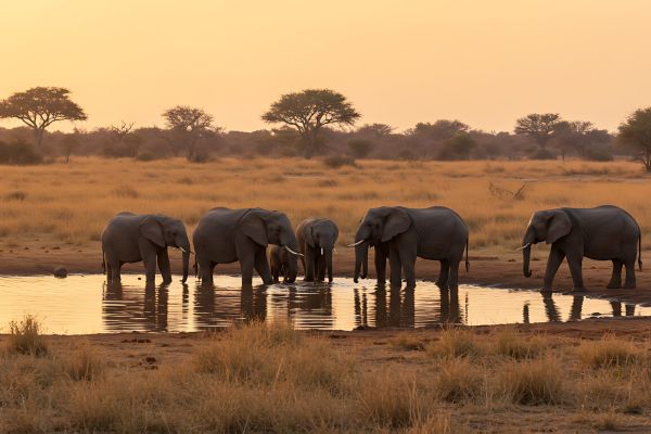 Golden Hour Gathering: African Elephants at a Watering Hole South-Africa