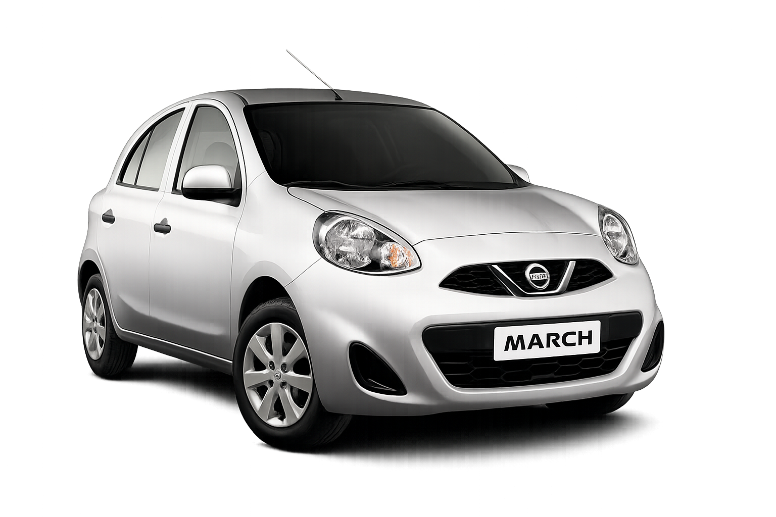 Compacte Nissan March huurauto in zilver, ideaal voor stadsritten en korte afstanden tijdens je rondreis.