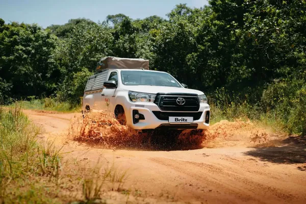 Toyota Hilux Single Cab 4×4 met daktent in de Afrikaanse savanne – ideale selfdrive huurauto voor Namibië en Botswana