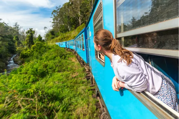 Reiziger geniet vanuit de trein van de groene hooglanden van Sri Lanka