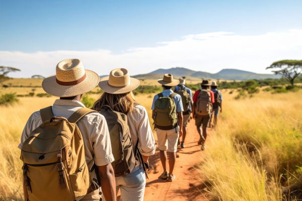 Bela-Bela Waterberg Group of diverse tourists enjoys safari trek, exploring breathtaking natural landscape under clear blue sky. adventure is filled with excitement and discovery