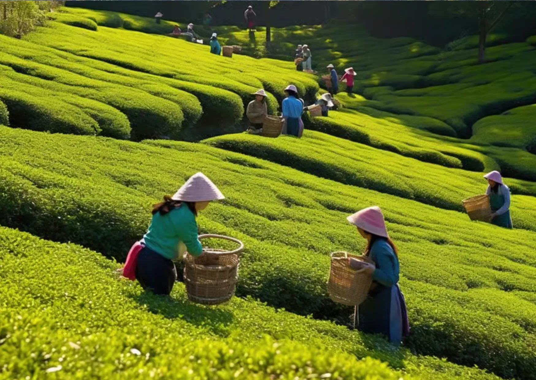 Theeplukkers tussen de groene theevelden van Sungai Palas in de Cameron Highlands