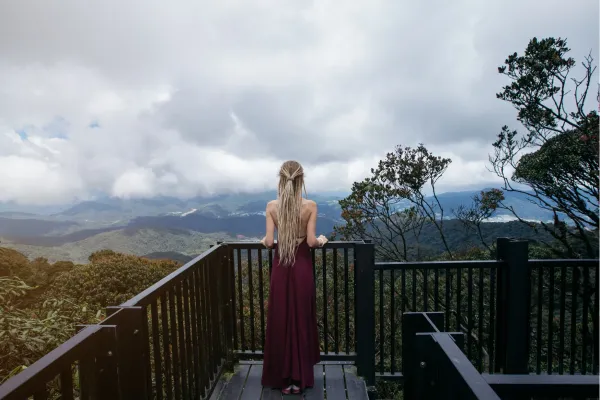 Reiziger kijkt vanaf een houten uitkijkplatform over de Cameron Highlands