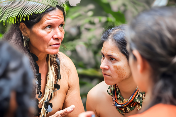 Leden van de Siona-gemeenschap in Puerto Bolívar in het Amazonegebied van Ecuador, waar tradities en dagelijks leven samenkomen.