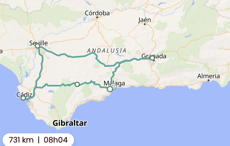 Overzichtskaart van een zelfdrive rondreis door Andalusië