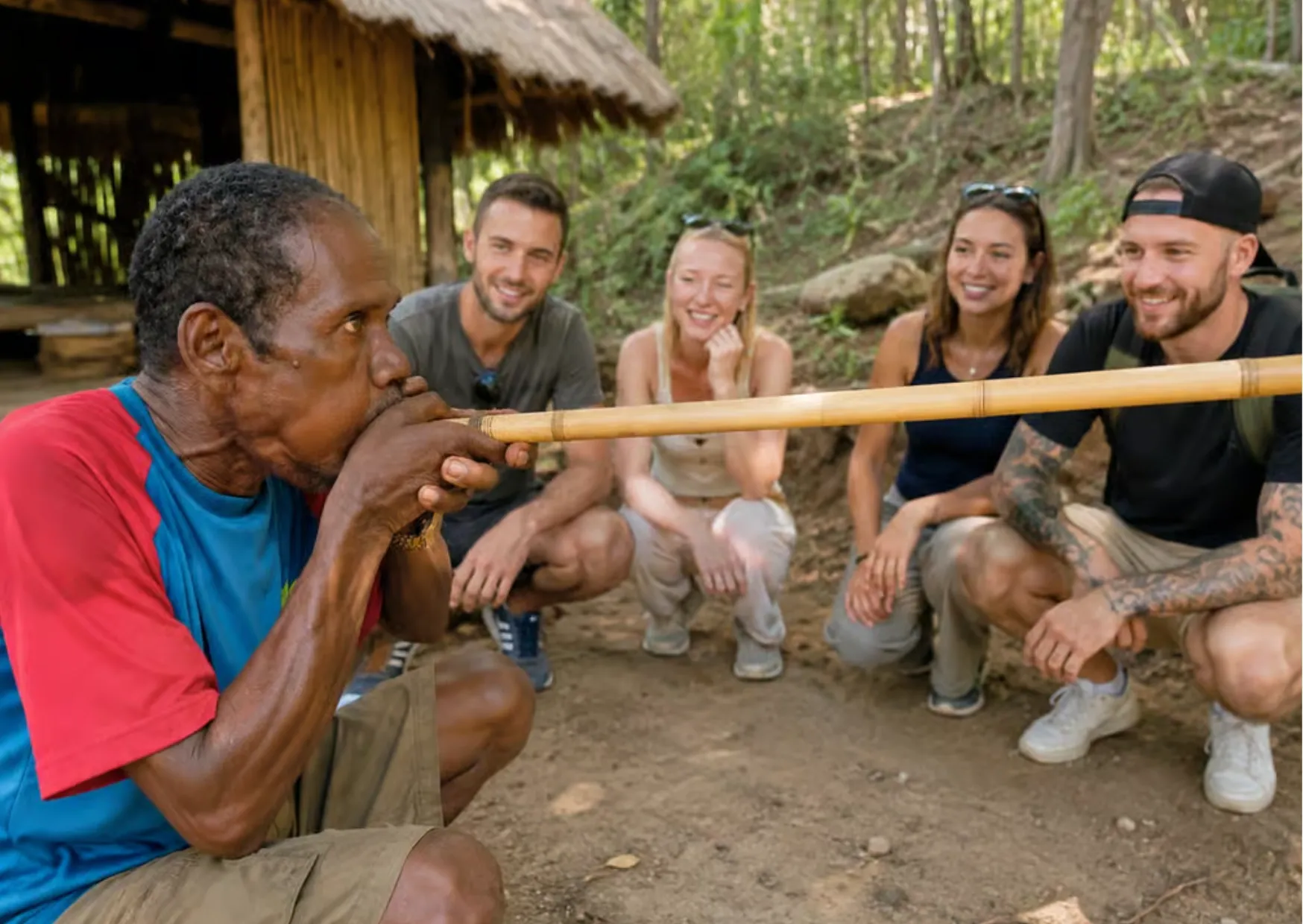 Orang Asli-bewoner geeft een demonstratie met een traditionele blaaspijp aan reizigers