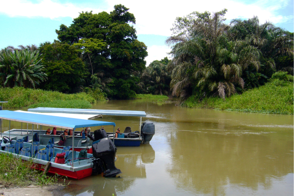 Boottransfer over de junglekanalen naar Tortuguero aan de Caribische kust van Costa Rica.