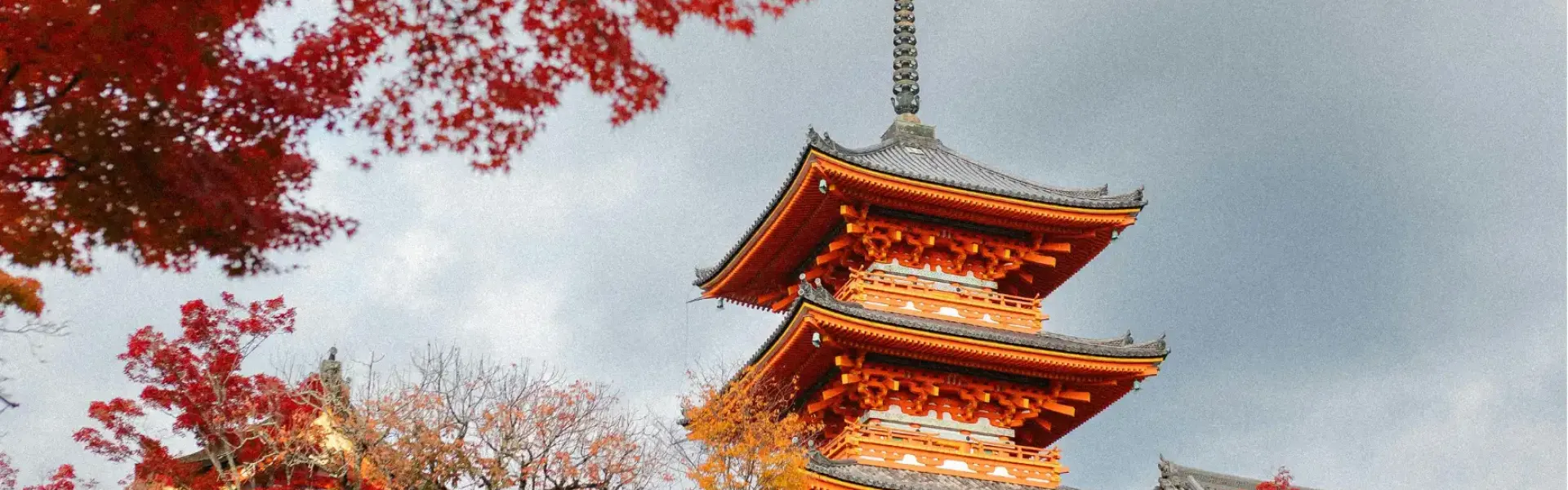 Japanse pagode tussen rode herfstbladeren tijdens een reis in oktober