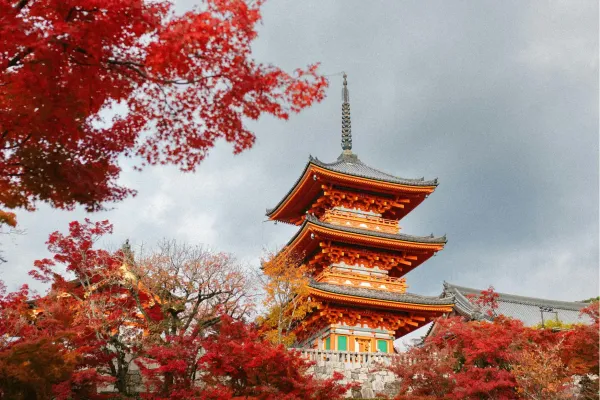 Japanse pagode tussen rode herfstbladeren tijdens een reis in oktober