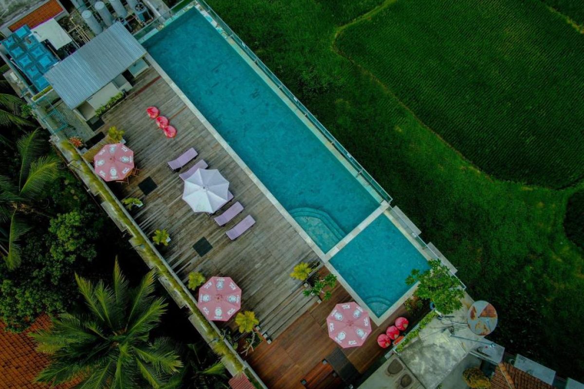 “The Evitel Ubud zwembad op dakterras met uitzicht op groene omgeving.”