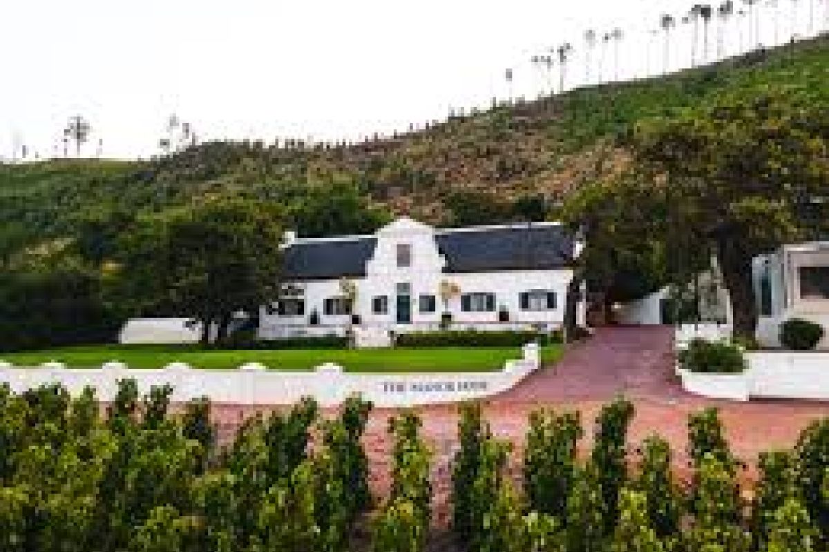 "Wijngaard met witte Kaaps-Nederlandse boerderij bij Rickety Bridge Estate.”