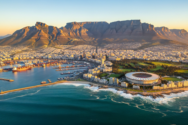 Panorama van Kaapstad met Tafelberg en Lion’s Head bij helder weer
