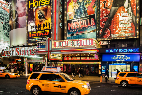 Theaterdistrict van Broadway in New York met neonreclames en drukke straten.