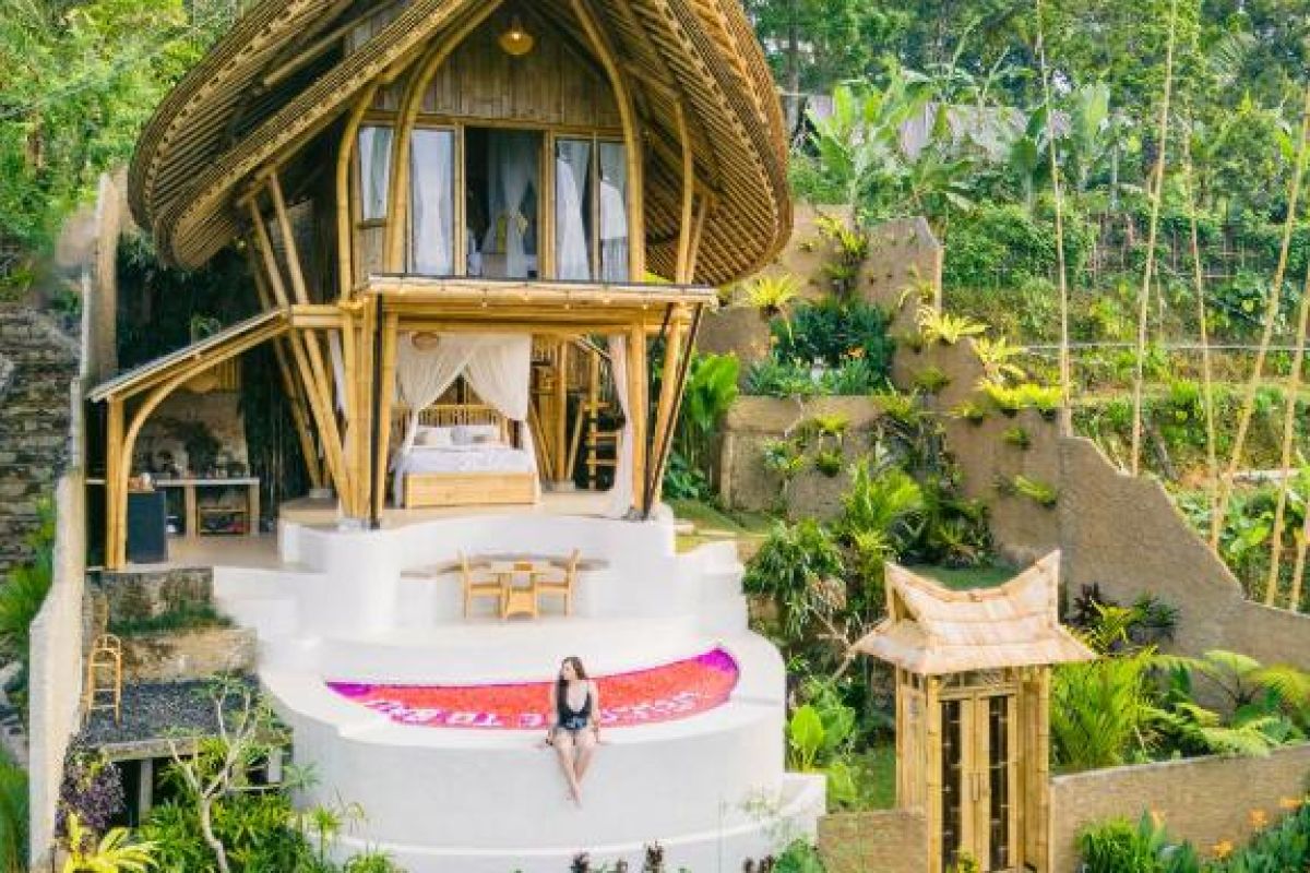 “Danaswari Bamboo House – uitzicht op groene valleien en tropische bomen.”