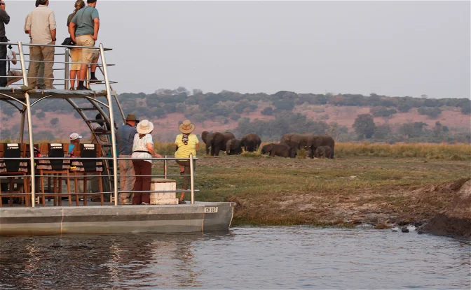 “Bootcruise op de Chobe River in Botswana met olifanten en nijlpaarden langs de oever”