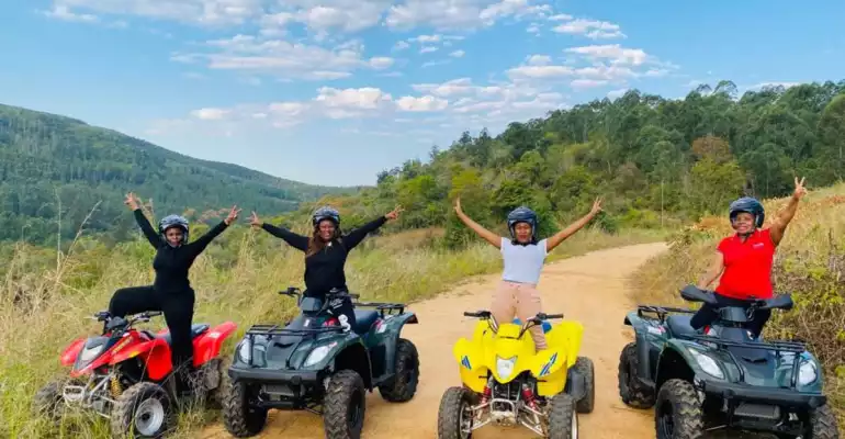 Olifanten bij een drinkplaats met heuvels op de achtergrond