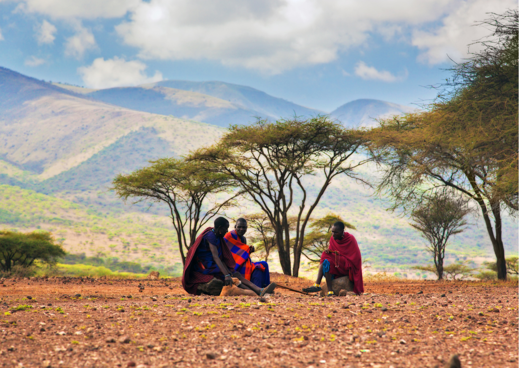 Maasai Mannen zitten bij savanna landschap in Tanzania