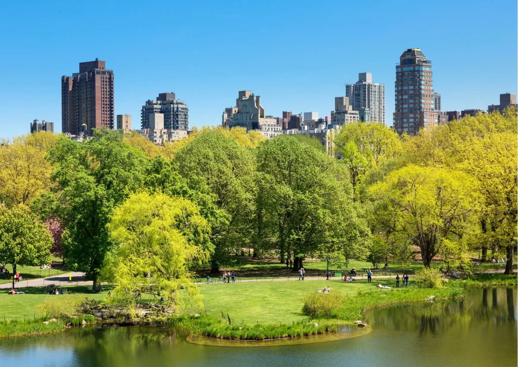10 redenen waarom New York en een Caribbean cruise de perfecte combinatie zijn. Wandelpaden en groene lanen in Central Park met de skyline van Manhattan op de achtergrond